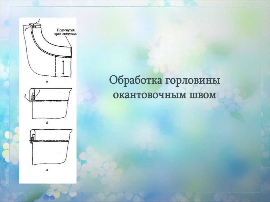 Обработка обтачки. Обработка горловины обтачкой бейкой. Обработка среза горловины косой бейкой. Обработка горловины притачной обтачкой. Обработка горловины и проймы обтачкой.