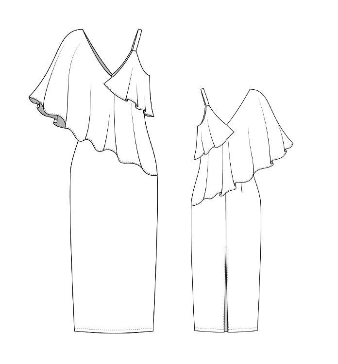 Выкройка асимметричного платья с воланом по низу