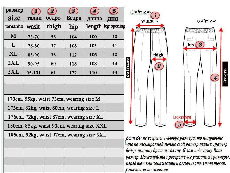 Таблица размеров мужских штанов