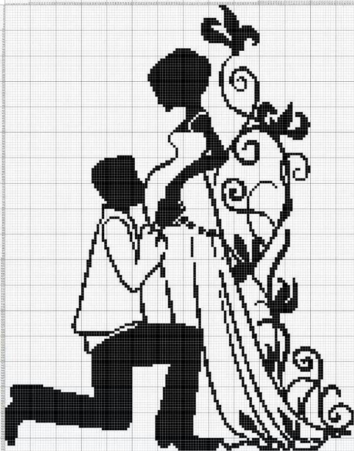 Схемы вышивки крестом (черно белые): силуэты, пары, цветы с контурами