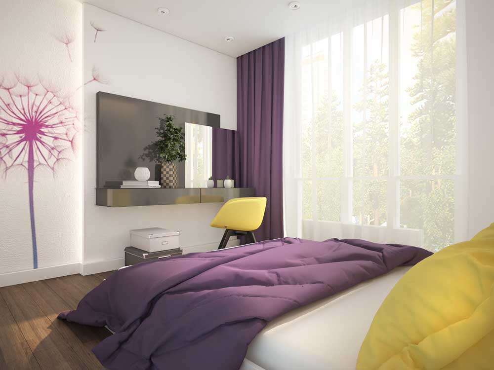 Фиолетовая спальня (96 фото): дизайн в бело-фиолетовых и бело-сиреневых тонах, дизайн интерьера в желто-фиолетовом цвете