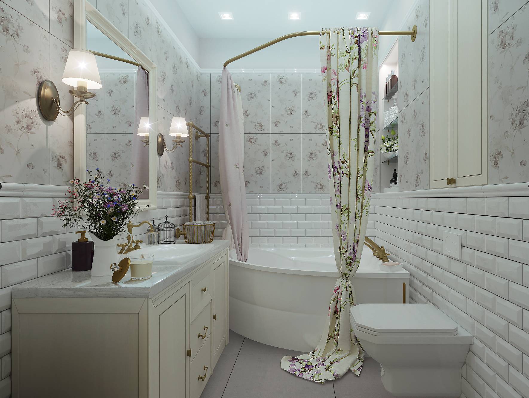 Ванная комната в стиле прованс: с душевой кабиной, с круглым зеркалом, с плиткой под кирпичики, интересные идеи дизайна, реальные фото