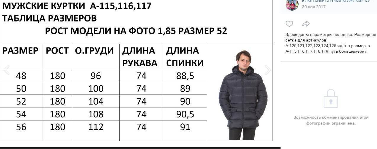 Размеры мужских курток-таблица размеров