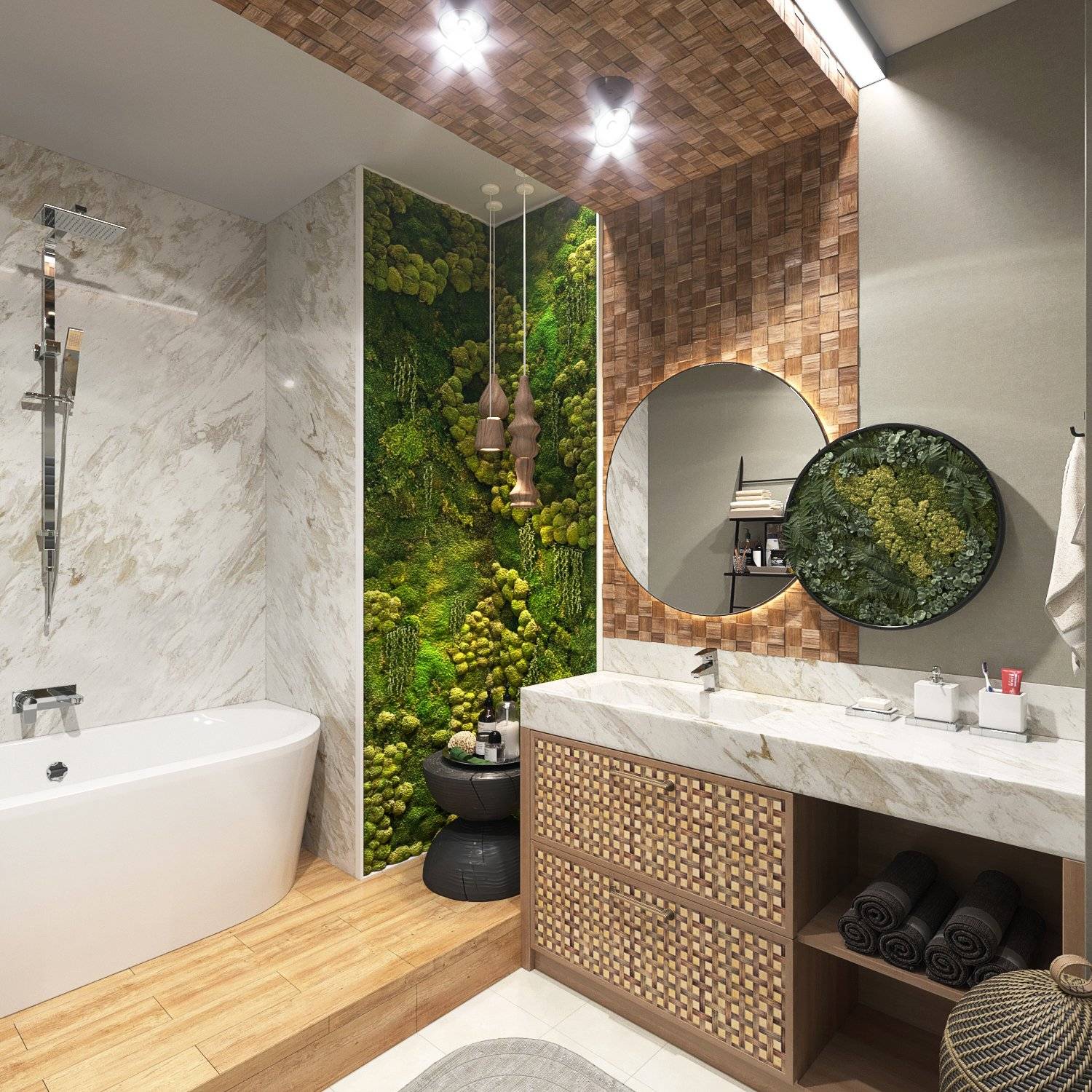 Ванная комната с плиткой под дерево на стены: отделка туалета, санузел с плиткой, деревом и камнем
 - 56 фото