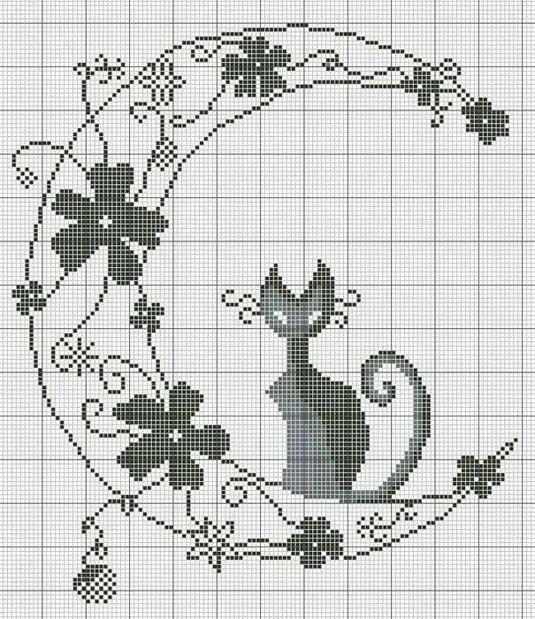 Черно-белые схемы вышивки крестом грациозных кошек и силуэтов