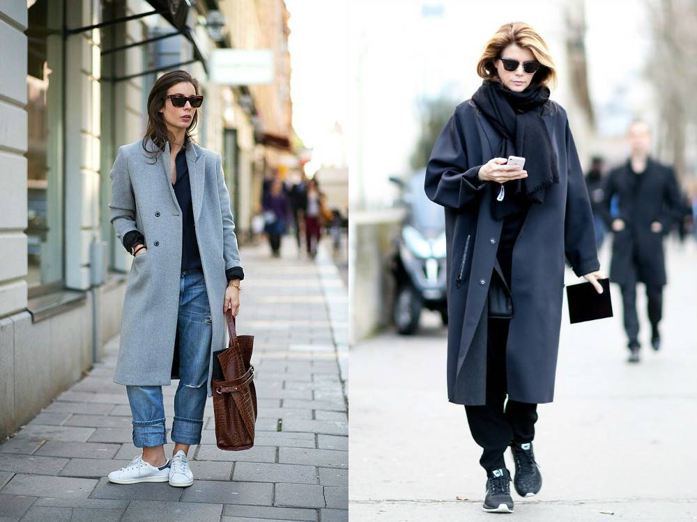 Пальто с кроссовками: стильные варианты